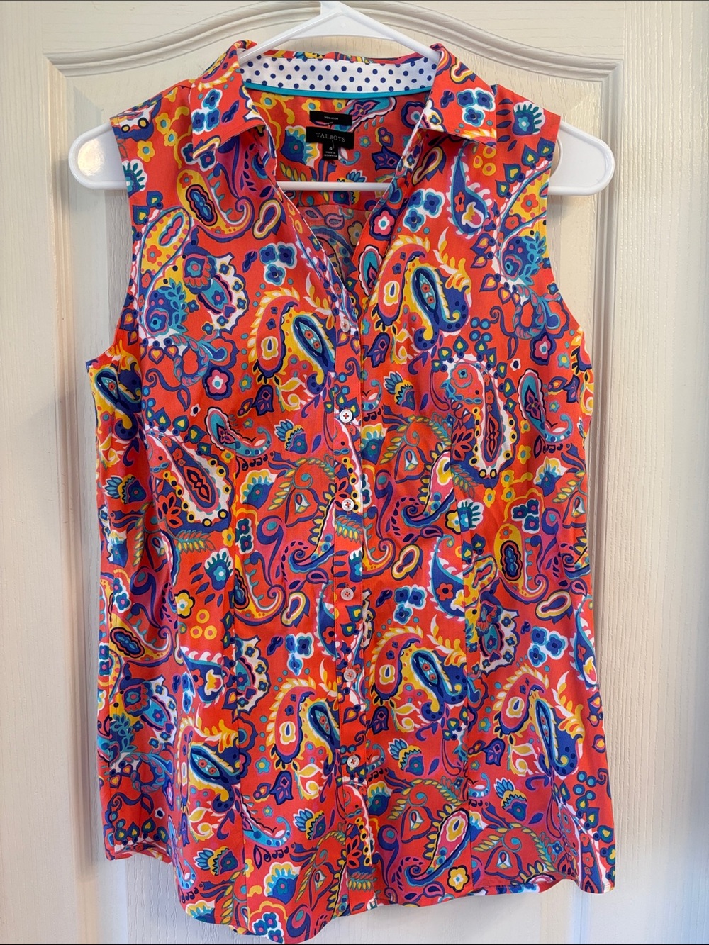 Talbots Bright Orange Paisley Sleeveless Button-Down Top NWOT